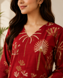 Classic Crimson Flora Straight Fit Kurta Pant Set