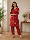 Classic Crimson Flora Straight Fit Kurta Pant Set