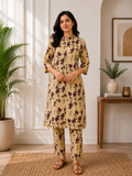 Women's Sandstone Blossom Embroidered Cotton Blend Kurta Pant Set