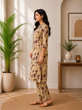 Women's Sandstone Blossom Embroidered Cotton Blend Kurta Pant Set