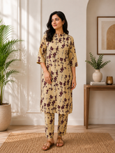 Women's Sandstone Blossom Embroidered Cotton Blend Kurta Pant Set