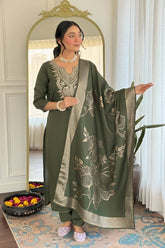 Olive Majesty Embroidered Cotton Blend Kurta Pant Set with Jacquard Dupatta