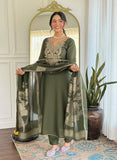 Olive Majesty Embroidered Cotton Blend Kurta Pant Set with Jacquard Dupatta