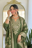 Olive Majesty Embroidered Cotton Blend Kurta Pant Set with Jacquard Dupatta