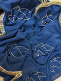 Royal Navy Blue Embroidered Satin Silk Saree with Blouse