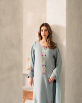 Premium Pastel Blue Floral Embroidered Suit Set with Chinnon Dupatta
