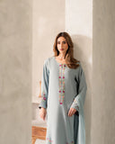 Premium Pastel Blue Floral Embroidered Suit Set with Chinnon Dupatta