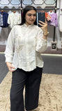 Elegant Floral Embroidery White Linen Shirt for Women | Stylish Casual Button-Down Top