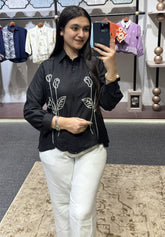 Women’s Elegant Black Floral Embroidered Shirt – Premium Statement Casual & Festive Wear