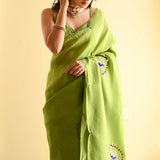 Designer Satin Silk Green Saree with Elegant Embroidery Work