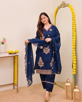 Women's Luxury Embroidered Navy Blue Traditional Kurta Pant Set