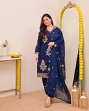 Women's Luxury Embroidered Navy Blue Traditional Kurta Pant Set
