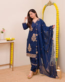 Women's Luxury Embroidered Navy Blue Traditional Kurta Pant Set