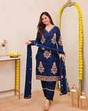 Women's Luxury Embroidered Navy Blue Traditional Kurta Pant Set