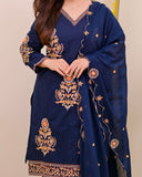 Women's Luxury Embroidered Navy Blue Traditional Kurta Pant Set