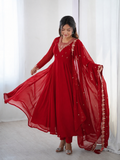 Regal Ruby Red Embroidered Anarkali Suit Set for Wedding and Festive Occasions