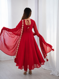 Regal Ruby Red Embroidered Anarkali Suit Set for Wedding and Festive Occasions