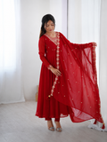 Regal Ruby Red Embroidered Anarkali Suit Set for Wedding and Festive Occasions