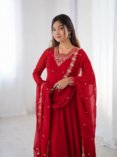 Regal Ruby Red Embroidered Anarkali Suit Set for Wedding and Festive Occasions