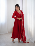 Regal Ruby Red Embroidered Anarkali Suit Set for Wedding and Festive Occasions