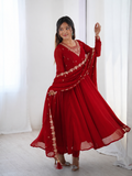 Regal Ruby Red Embroidered Anarkali Suit Set for Wedding and Festive Occasions
