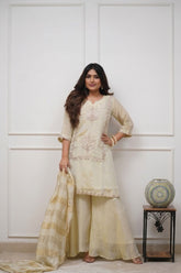 Royal Ivory Heavy Chinon Embroidered Kurta Palazzo Set with Dupatta