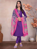 Royal Purple Embroidered Kurta Pant Set with Vibrant Patola Inspired Pink Dupatta