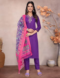Royal Purple Embroidered Kurta Pant Set with Vibrant Patola Inspired Pink Dupatta
