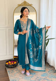 Royal Teal Elegance Embroidered Cotton Blend Kurta Pant Set