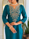Royal Teal Elegance Embroidered Cotton Blend Kurta Pant Set