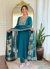 Royal Teal Elegance Embroidered Cotton Blend Kurta Pant Set