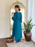 Royal Teal Elegance Embroidered Cotton Blend Kurta Pant Set