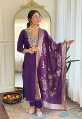 Royal Amethyst Elegance Embroidered Cotton Blend Kurta Pant Set