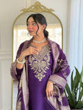 Royal Amethyst Elegance Embroidered Cotton Blend Kurta Pant Set