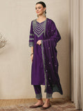 Wine Embroidered Kurta Set with Dupatta