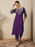Wine Embroidered Kurta Set with Dupatta