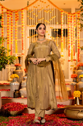 Premium Olive Gold Embroidered Straight Kurta Se
