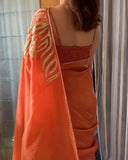 Elegant Party Wear Satin Silk Orange Saree Featuring Fine Embroidery Detailing with Blouse