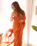 Elegant Party Wear Satin Silk Orange Saree Featuring Fine Embroidery Detailing with Blouse
