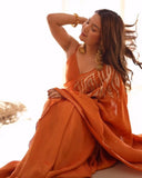 Elegant Party Wear Satin Silk Orange Saree Featuring Fine Embroidery Detailing with Blouse