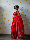 Red Organza Silk Saree Floral Embroidery With Blouse