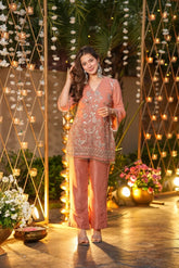 Rose Blush Chanderi Silk Embroidered Kurta Pant Set for Festive Elegance