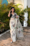 Smoke White Organza Silk Saree Artistic Floral Embroidery Work With Blouse