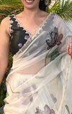 Smoke White Organza Silk Saree Artistic Floral Embroidery Work With Blouse