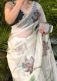Smoke White Organza Silk Saree Artistic Floral Embroidery Work With Blouse