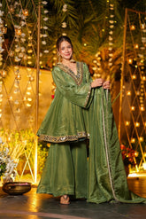 Royal Olive Green CP Vichitra Silk Embroidered Kurta Palazzo Dupatta Set