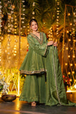 Royal Olive Green CP Vichitra Silk Embroidered Kurta Palazzo Dupatta Set