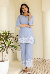 Chic Sky Blue Casual Wear Co-Ord Set with Embroidery Designer Border Finish