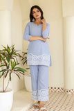 Chic Sky Blue Casual Wear Co-Ord Set with Embroidery Designer Border Finish