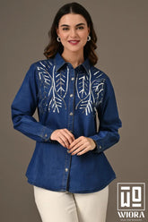 blue embroidered denim-style shirt